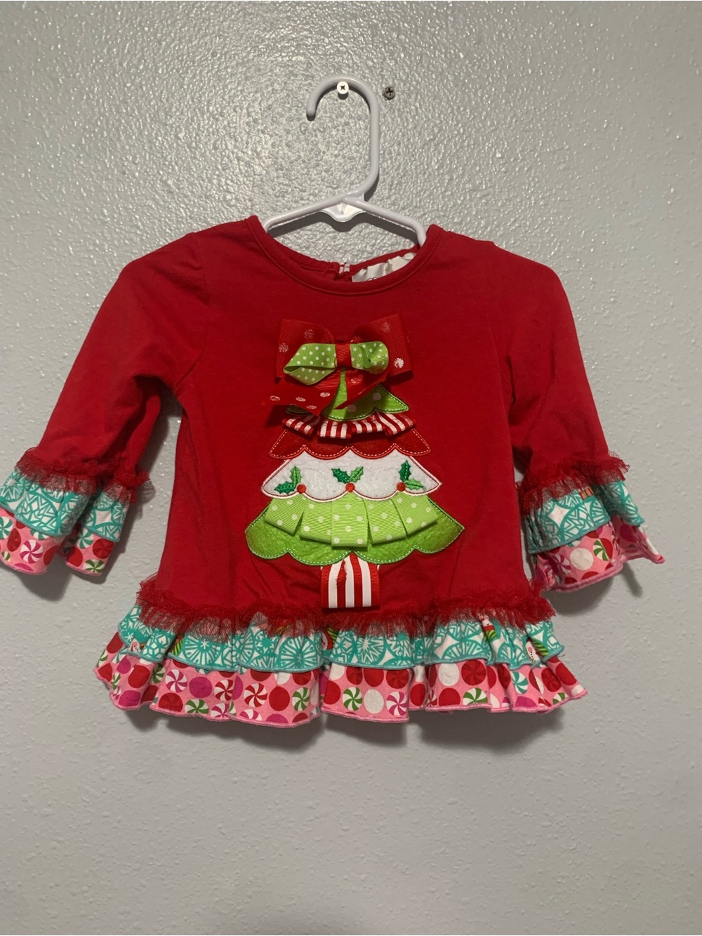 Rare Editions Red Long-Sleeve Christmas Tree Ruffle Top